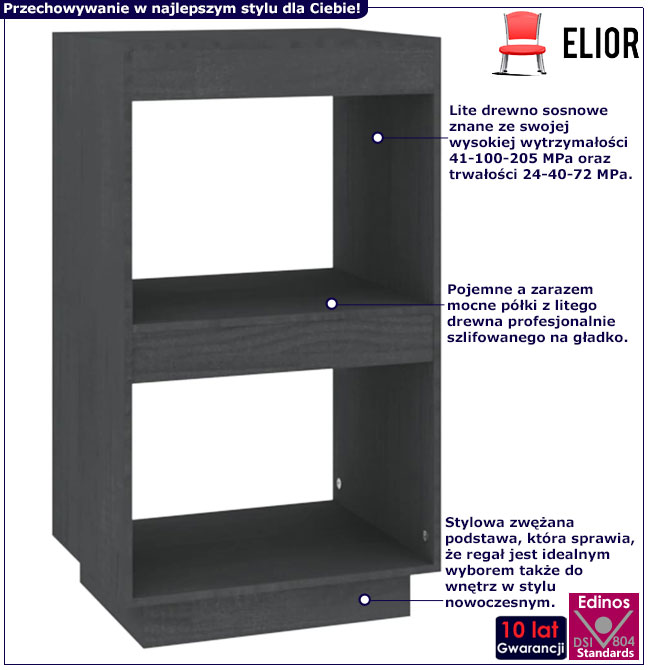 Infografika szarego drewnianego regału z 2 półkami Lika 6X