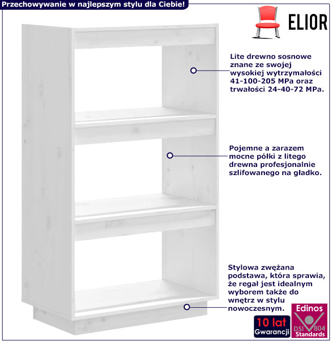 Infografika białego drewnianego regału z 3 półkami Lika 7X