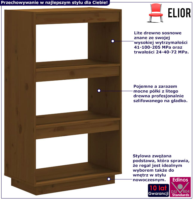 Infografika drewnianego regału z 3 półkami miodowy brąz Lika 7X