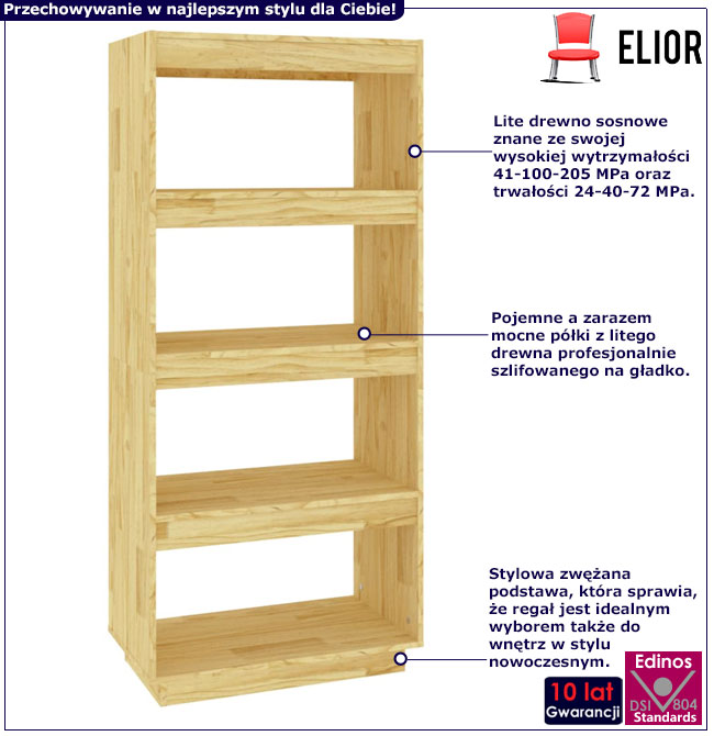 Infografika naturalnego sosnowego regału z 4 półkami Lika 8X