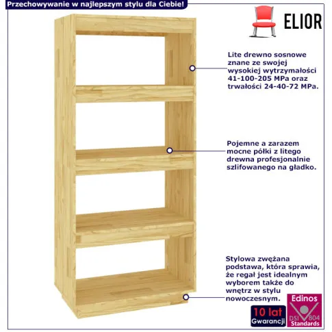 Infografika sosnowy regał z 4 półkami naturalny Wajos 8X