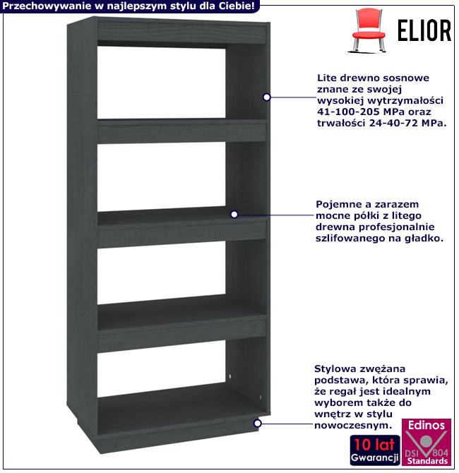 Infografika szarego sosnowego regału z 4 półkami Lika 8X