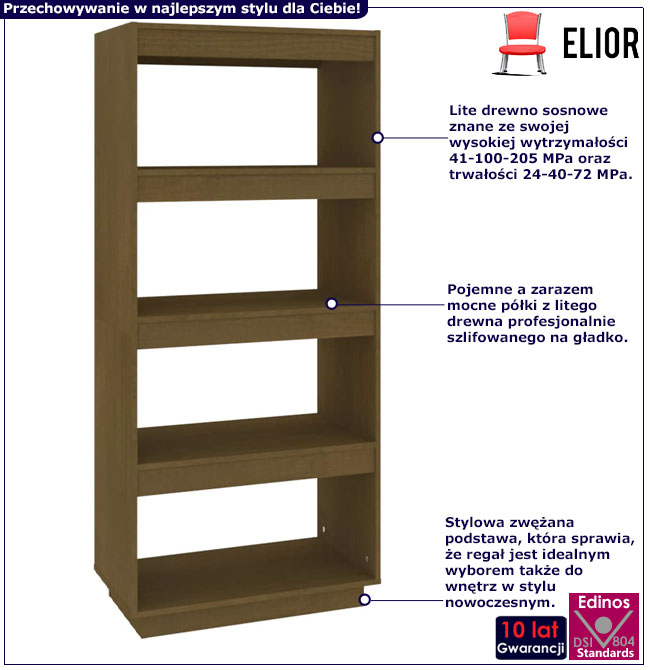 Infografika sosnowego regału z 4 półkami miodowy brąz Wajos 8X