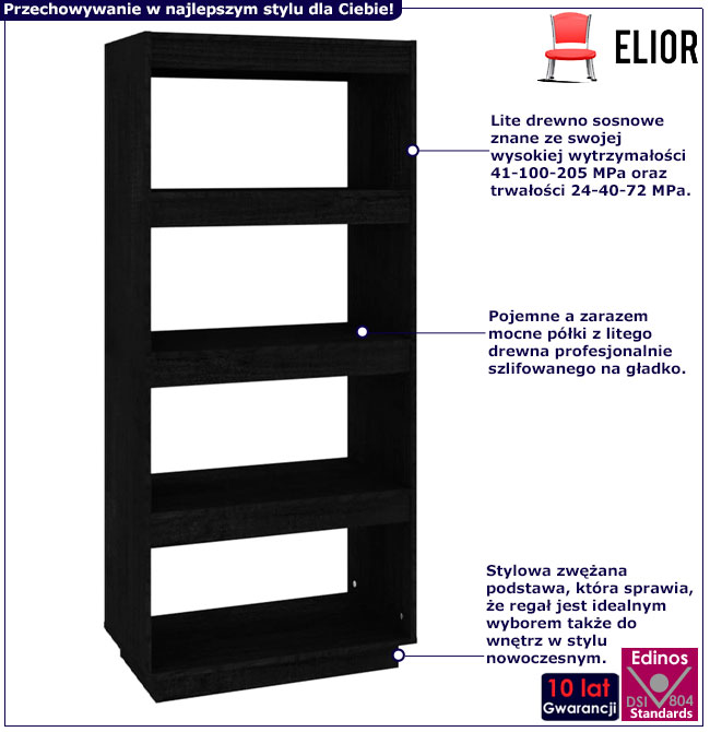 Infografika czarnego sosnowego regału z 4 półkami Lika 8X