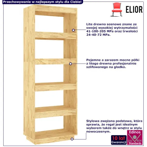 Infografika sosnowy regał wysoki na książki naturalny Wajos 9X