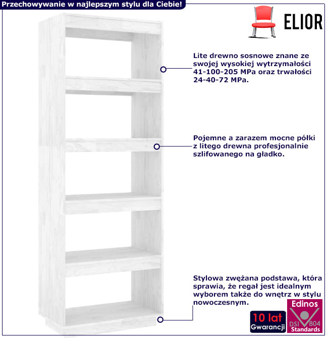 Infografika biały sosnowy regał drewniany Lika 9X