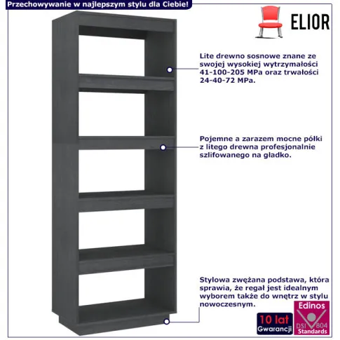 Infografika sosnowy regał wysoki na książki szary Wajos 9X