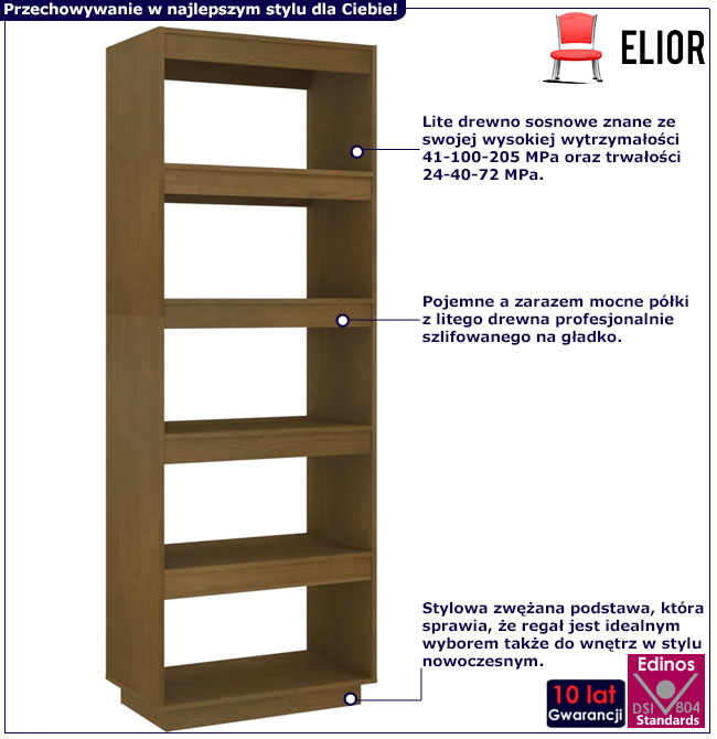 Infografika sosnowy regał drewniany miodowy brąz Lika 9X