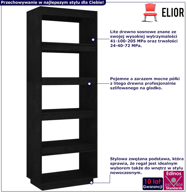 Infografika czarny sosnowy regał drewniany Wajos 9X