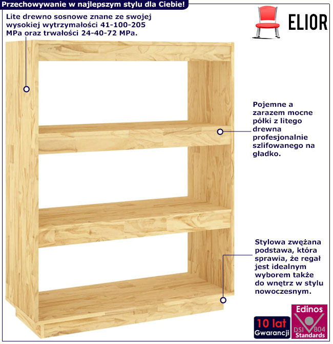 Infografika skandynawski sosnowy regał z z 3 półkami Lika 11X