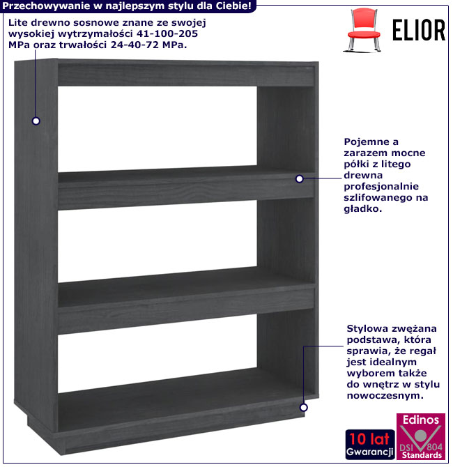 Infografika szary skandynawski regał z z 3 półkami Lika 11X