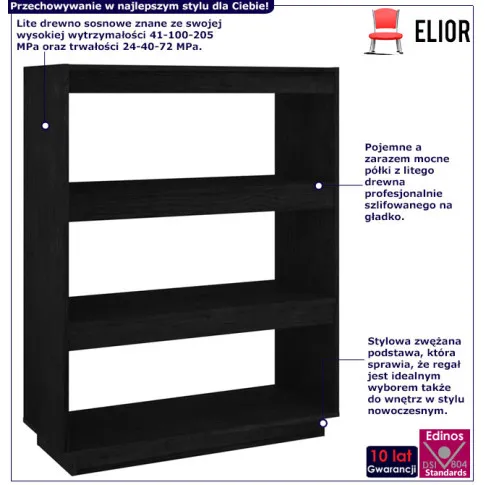 Infografika sosnowy czarny regał stojący z 3 półkami Wajos 11X
