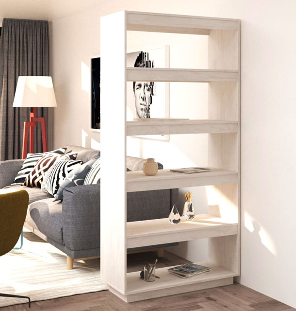 Regał drewniany przegroda biały Lika 13X w salonie skandynawskim