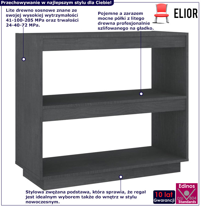 Infografika drewnianego szarego regału z 2 półkami Lika 14X