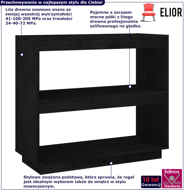 Infografika drewnianego czarnego regału z 2 półkami Lika 14X