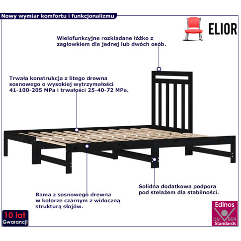 Drewniane łóżko rozkładane w kolorze czarnym Mindy