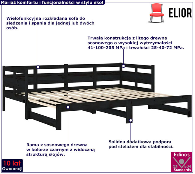 czarne sosnowe rozsuwane łóżko Darma