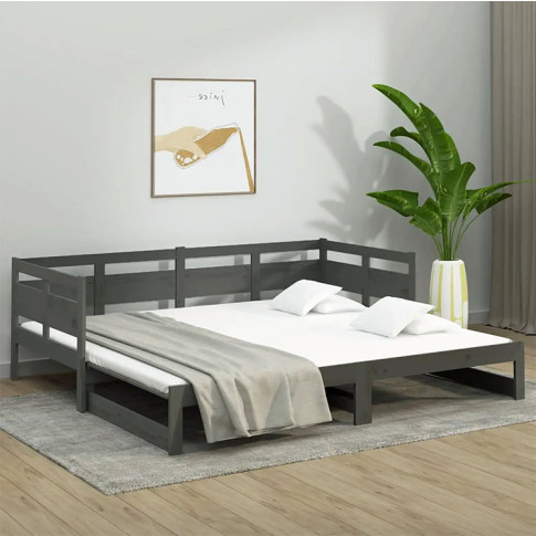 aranżacja z wielofunkcyjnym szarym drewnianym łóżkiem Darma