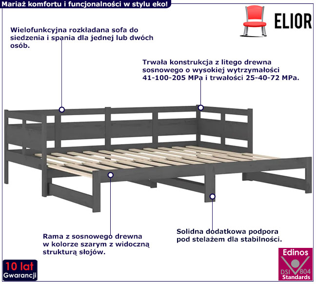 szare sosnowe rozkładane łóżko Darma