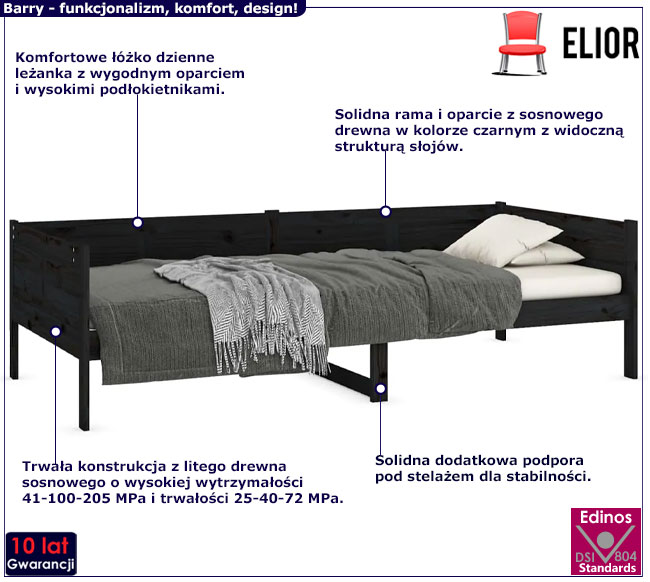 czarne sosnowe łóżko dzienne Debor