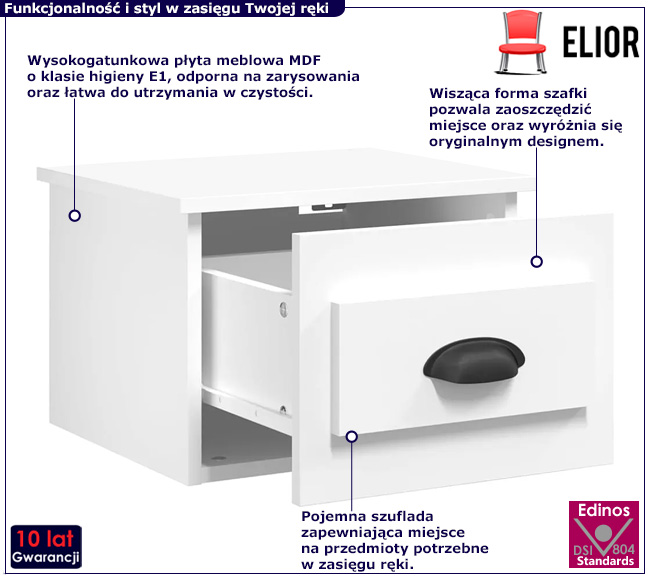 Wisząca biała szafka nocna w połysku Tavira