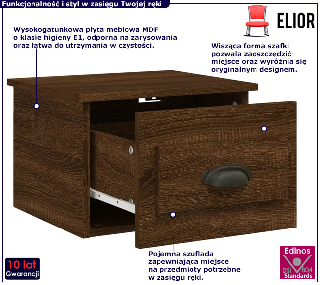 Wisząca szafka nocna w połysku brązowy dąb Tavira