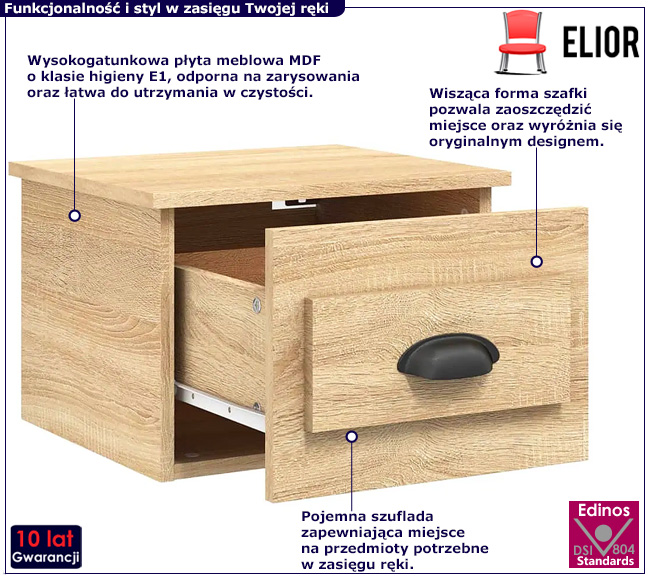 Wisząca szafka nocna w połysku Tavira dąb sonoma