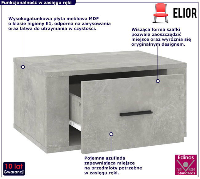 Wisząca szafka nocna szary beton Efos