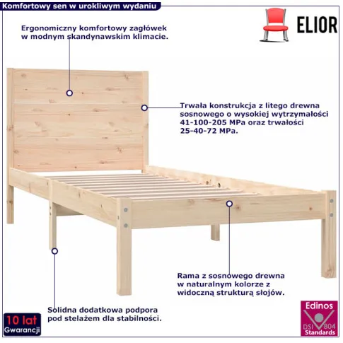 Drewniane łóżko w kolorze naturalnym 90x200 Gunar 3X