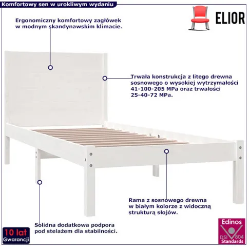 Drewniane łóżko w kolorze białym 90x200 Gunar 3X