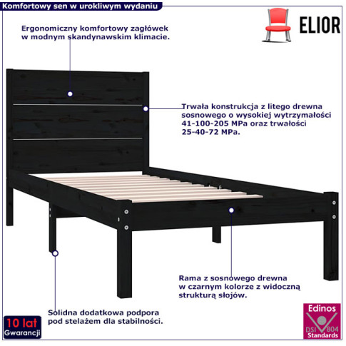 Drewniane łóżko w kolorze czarnym 90x200 Gunar 3X