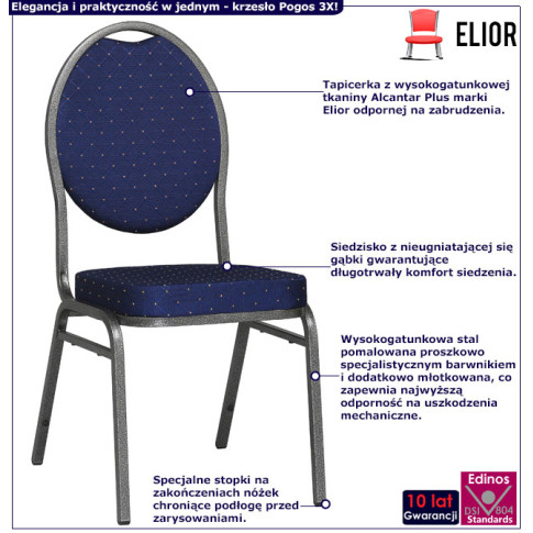 Infografika niebieskiego tapicerowanego krzesła bankietowego Pogos 3X