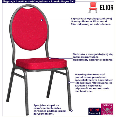 Infografika czerwonego tapicerowanego krzesła bankietowego Pogos 3X
