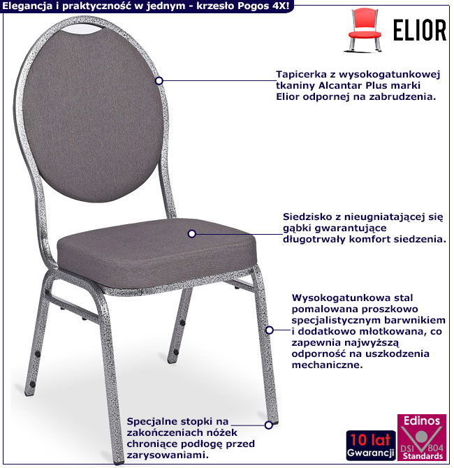 Infografika szarego eleganckiego krzesła bankietowego Pogos 4X