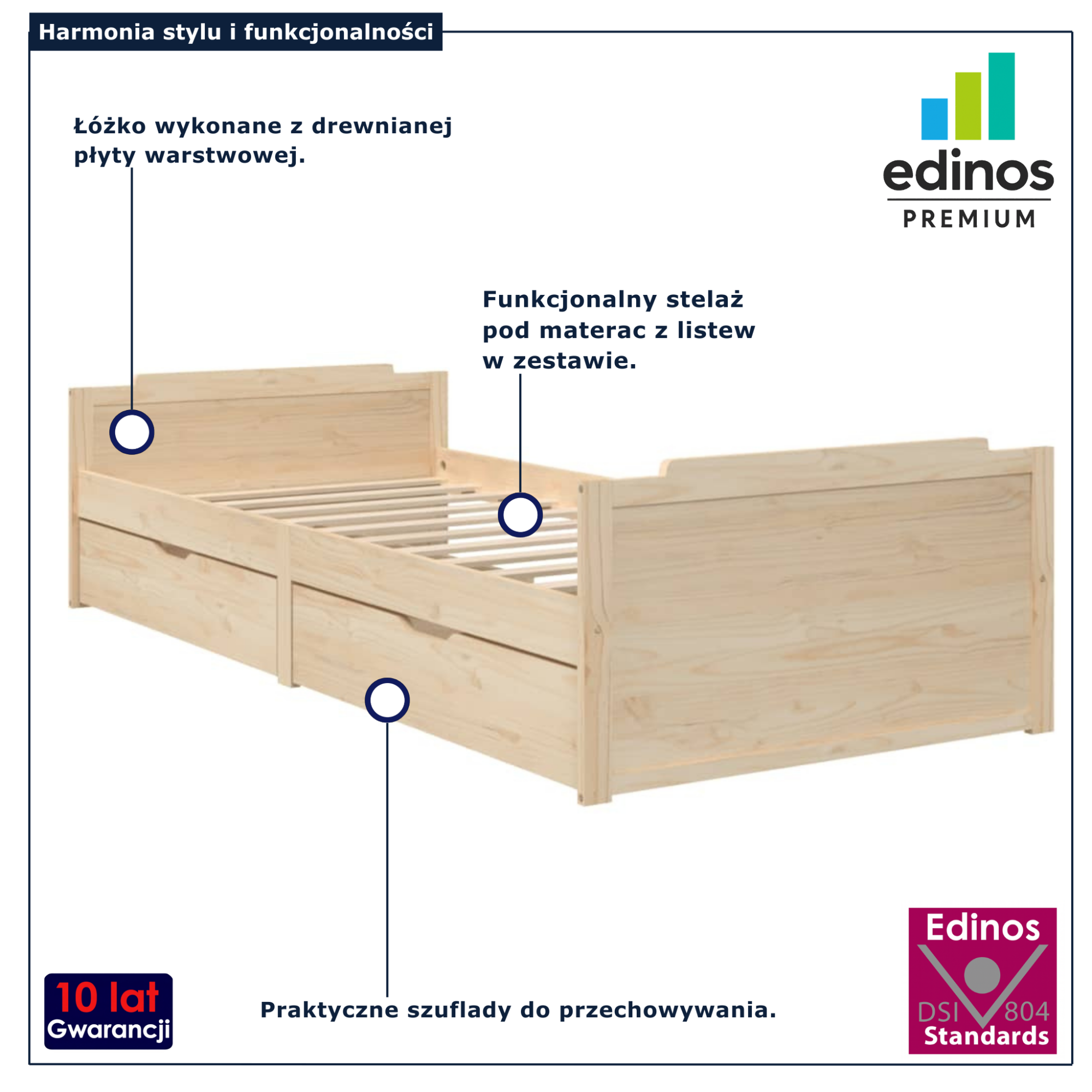 Naturalne łóżko z 2 szufladami i stelażem Kamos