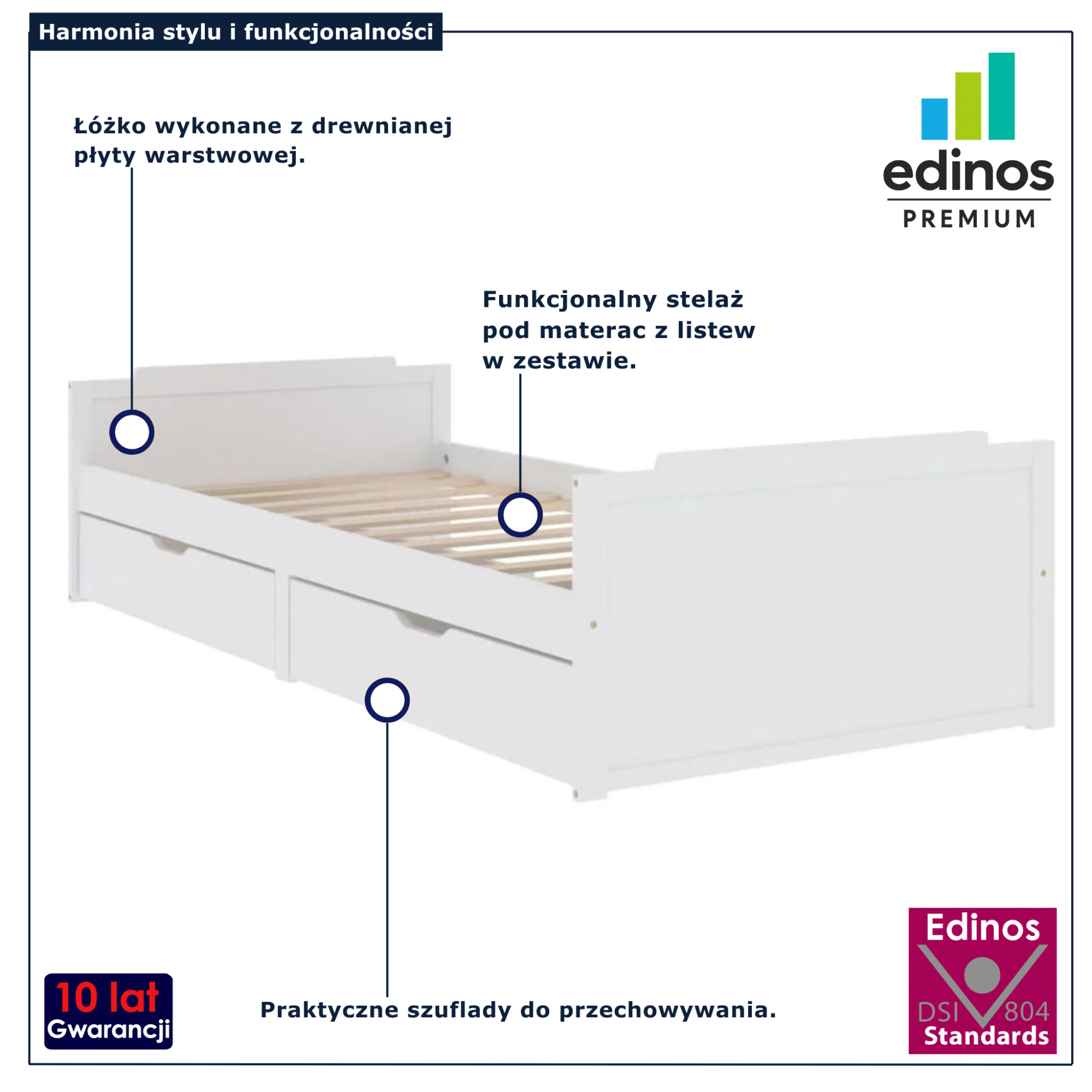 Białe łóżko z 2 szufladami Kamos