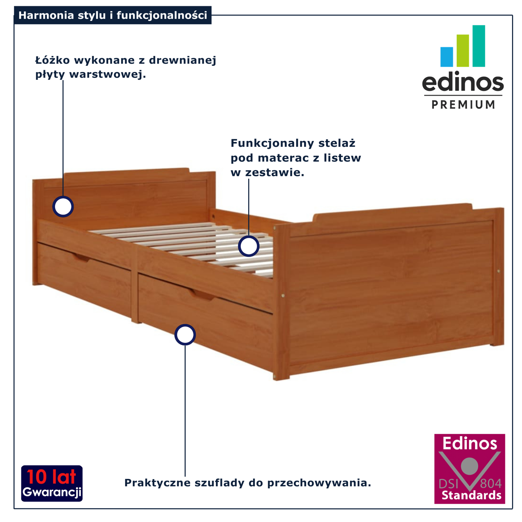 Łóżko z 2 szyfladami i stelażem Kamos miodowy brąz