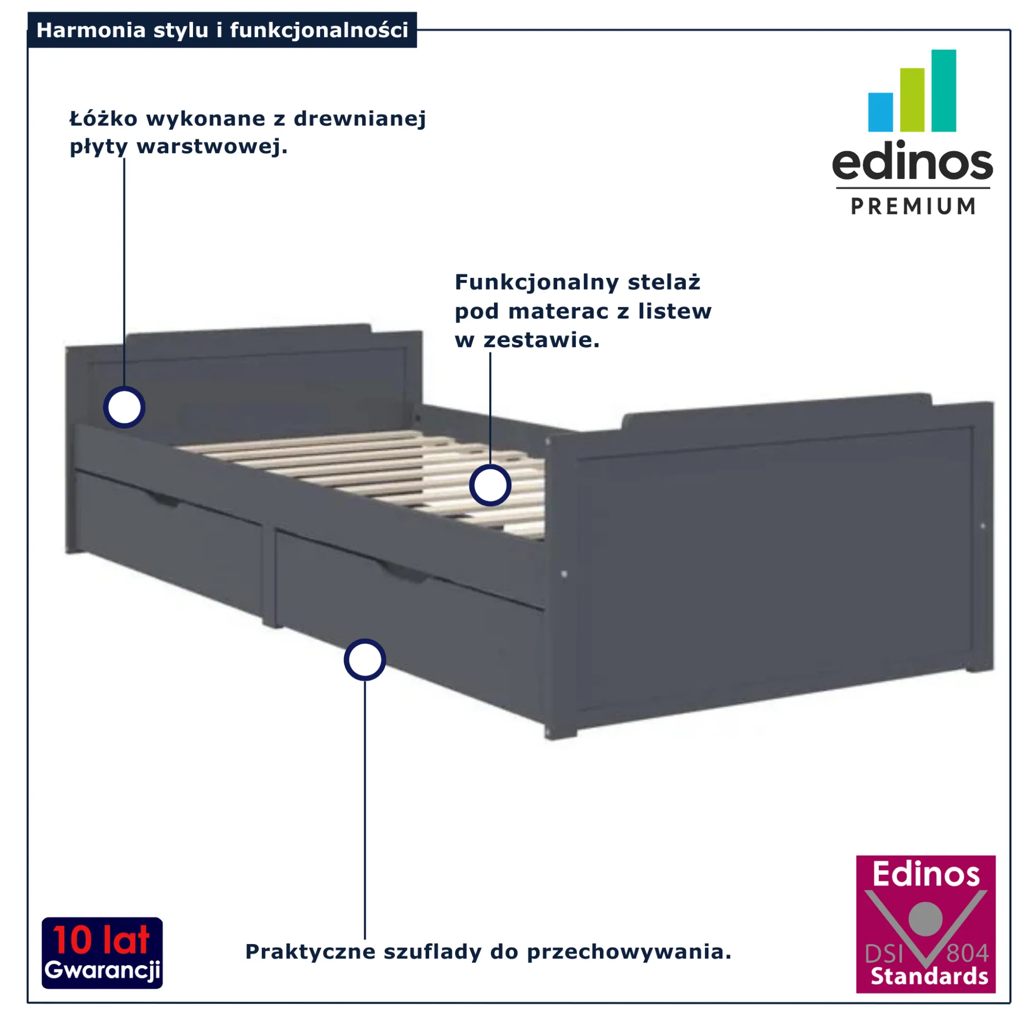 Szare łóżko jednoosobowe ze stelażem Kamos