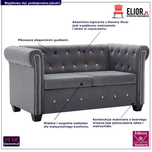 Fotografia Szara aksamitna kanapa w stylu Chesterfield - Xavier 2Q z kategorii Kanapy i sofy
