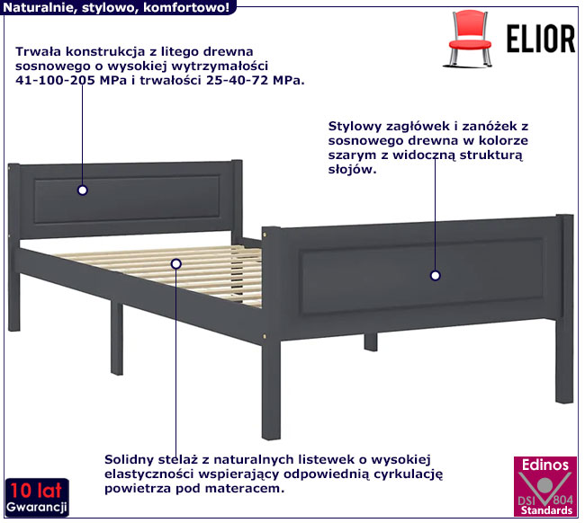 szare sosnowe łóżko 120x200 Siran 4X