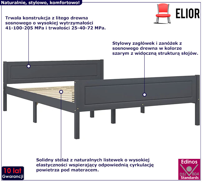 szare sosnowe łózko 140x200 Tangle 5X