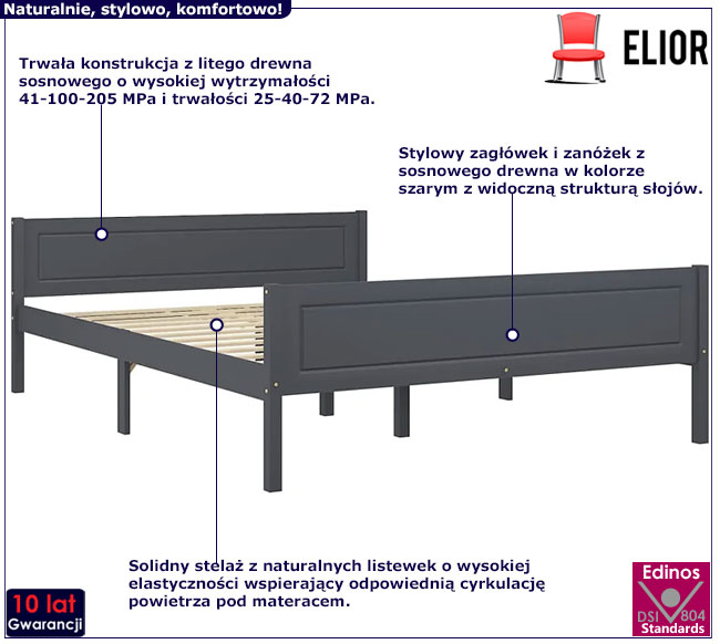 szare sosnowe łóżko 160x200 Siran 6X