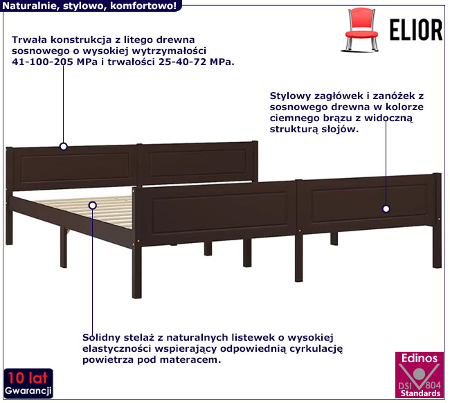 ciemnobrązowe sosnowe łóżko 180x200 Tangle 7X