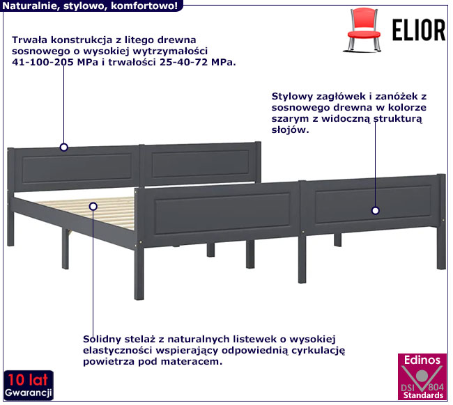 szare drewniane łóżko 180x200 Siran 7X
