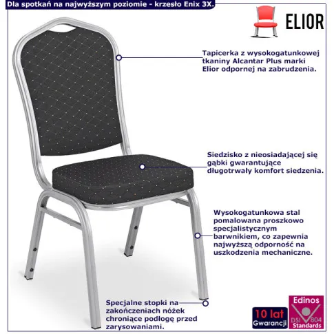 Infografika eleganckiego czarnego krzesła bankietowego Enix 3X