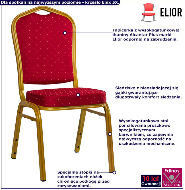 Infografika czerwonego krzesła bankietowego Rias 5X