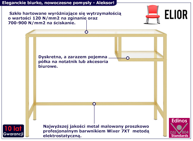 Biurko ze szklanym blatem Aleksor złoty stelaż