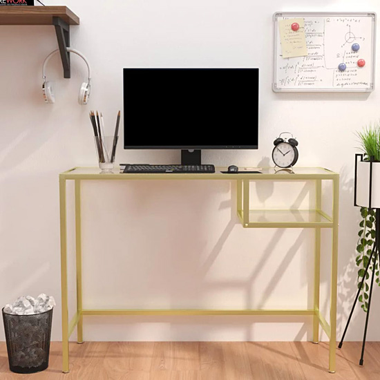 Wizualizacja minimalistycznego biurka Aleksor złoty stelaż