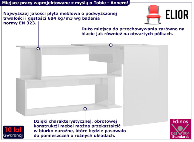 Biurko narożne Rakas biały połysk
