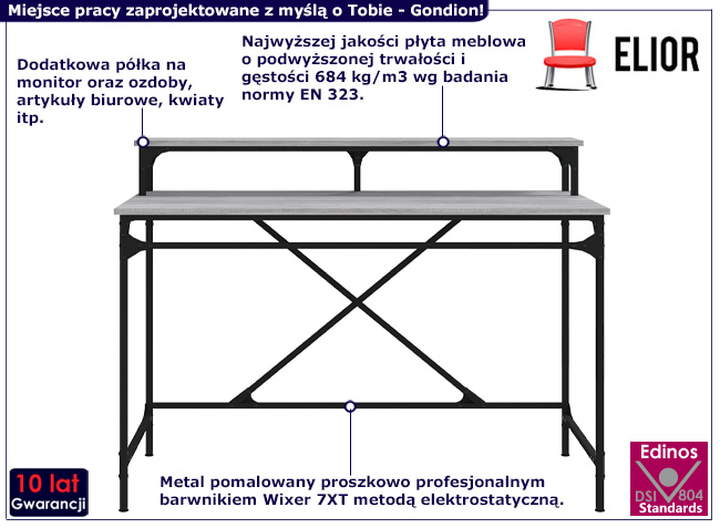 Biurko w stylu loft Gondion kolor szary dąb